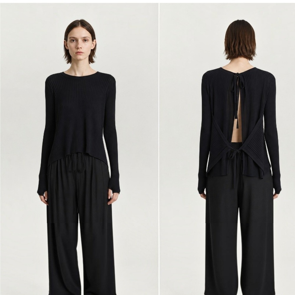 Helmut Lang Ribbed Knit Sweater Women Large Black Open Back Tie Long Sleeve Top